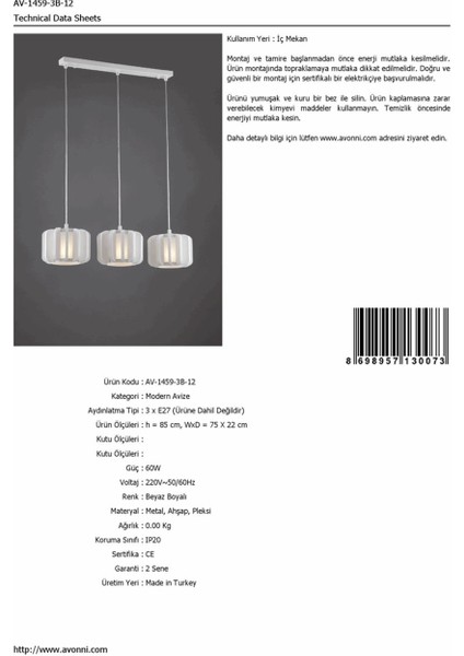 Avonnı AV-1459-3B-12 Beyaz Boyalı Modern Avize, E27, Metal, Ahşap, 75X20CM fırsatları