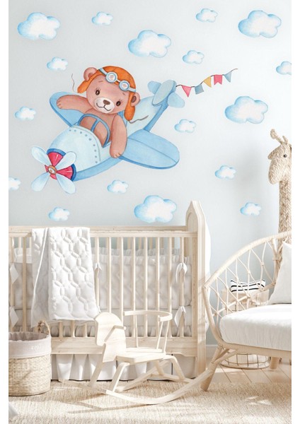 Uçakta Uçan Sevimli Ayıcık ve Bulutlar Çocuk Bebek Odası Sticker Seti