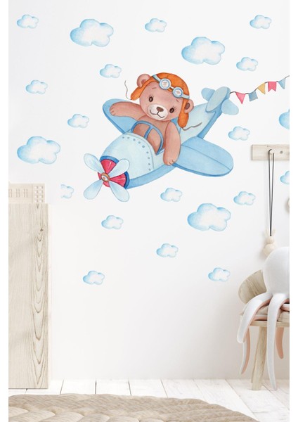 Uçakta Uçan Sevimli Ayıcık ve Bulutlar Çocuk Bebek Odası Sticker Seti fiyatları