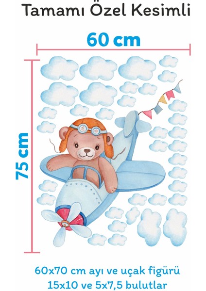 Uçakta Uçan Sevimli Ayıcık ve Bulutlar Çocuk Bebek Odası Sticker Seti modelleri