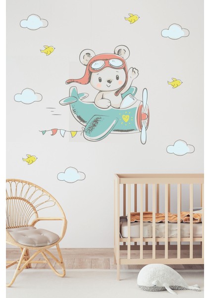 Uçakta Uçan Ayıcık Soft Renklerde Çocuk Odası Sticker