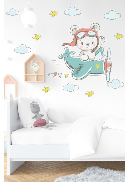 Uçakta Uçan Ayıcık Soft Renklerde Çocuk Odası Sticker