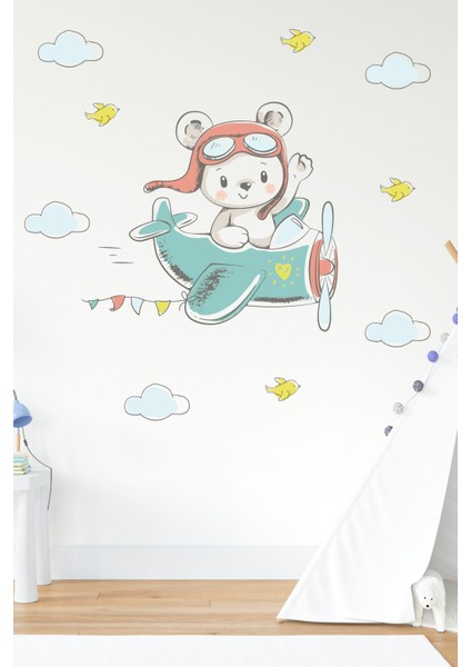 Uçakta Uçan Ayıcık Soft Renklerde Çocuk Odası Sticker
