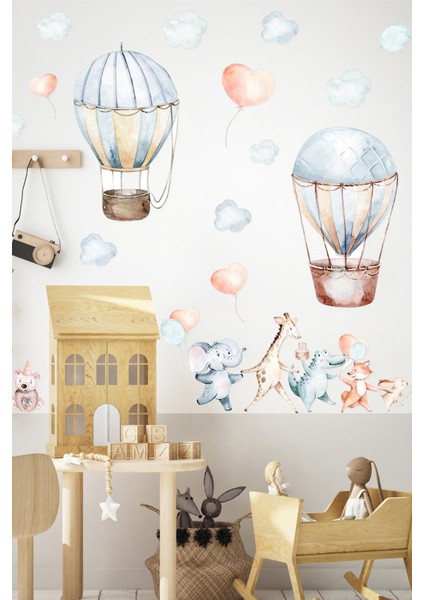 Uçan Balonlar ve Sevimli Hayvanlar Bulutlu Sticker Seti