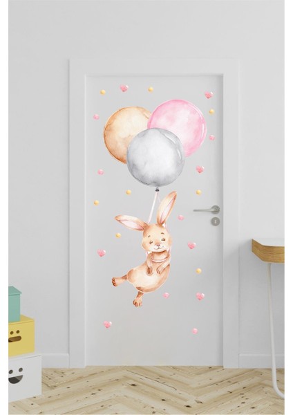Balonlar ve Tavşan Kapı Stickerı - Kalp ve Puantiyeli