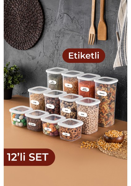 Etiketli Foly Kare Erzak Saklama Kabı 12'li Set 4x(0,55 Litre, 1,2 Litre, 1,75 Litre) Beyaz