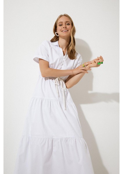 Gömlek Yaka Astarlı Poplin Maxi Kısa Kollu Dokuma %100 Pamuk Elbise X7044AZ22SM