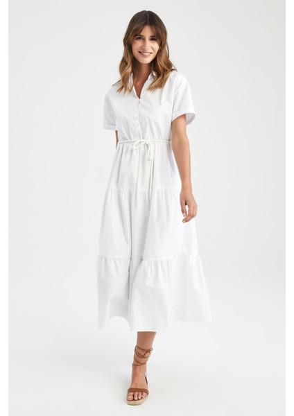 Gömlek Yaka Astarlı Poplin Maxi Kısa Kollu Dokuma %100 Pamuk Elbise X7044AZ22SM fiyatları