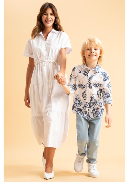 Gömlek Yaka Astarlı Poplin Maxi Kısa Kollu Dokuma %100 Pamuk Elbise X7044AZ22SM