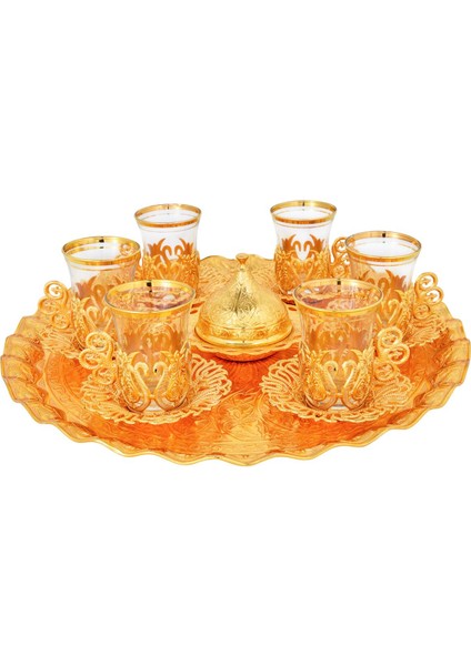 Osmanlı Metal İşlemeli Çay Seti 6 Kişilik Tepsili Set