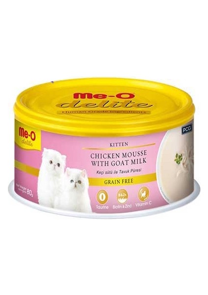 Me-O Delite Keçi Sütlü Tavuklu Tahılsız Ezme Yavru Kedi Konservesi 24x80gr (24lü)