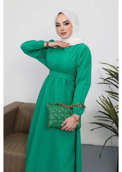 Yarasa Kol Beli Lastikli Dorf Kuşaklı Tesettür Elbise 228 - Yeşil fiyatları