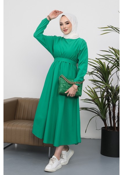Yarasa Kol Beli Lastikli Dorf Kuşaklı Tesettür Elbise 228 - Yeşil modelleri