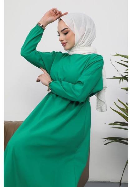 Yarasa Kol Beli Lastikli Dorf Kuşaklı Tesettür Elbise 228 - Yeşil fırsatları