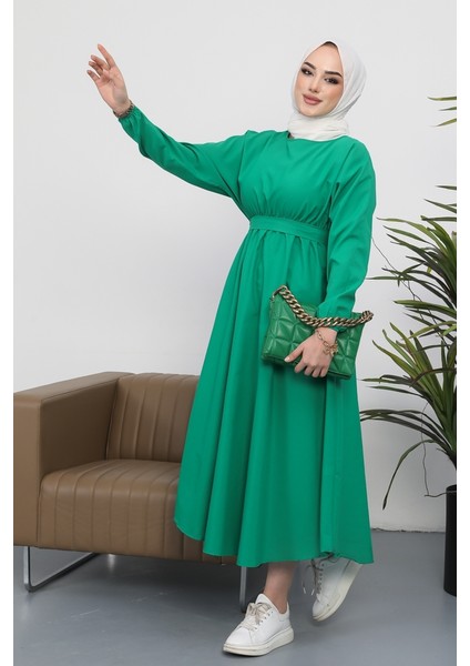 Yarasa Kol Beli Lastikli Dorf Kuşaklı Tesettür Elbise 228 - Yeşil indirimleri