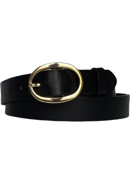 Deri Gold Oval Tokalı Siyah Ince Kadın Kemeri 3 cm
