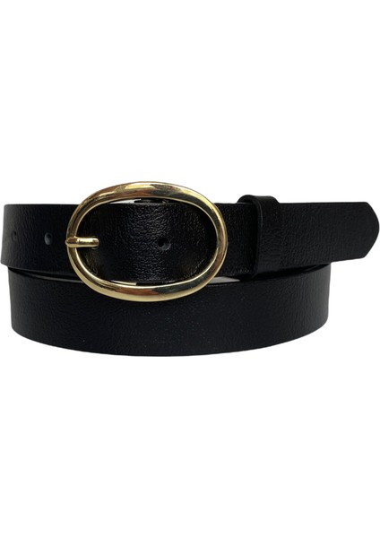 Deri Gold Oval Tokalı Siyah Ince Kadın Kemeri 3 cm
