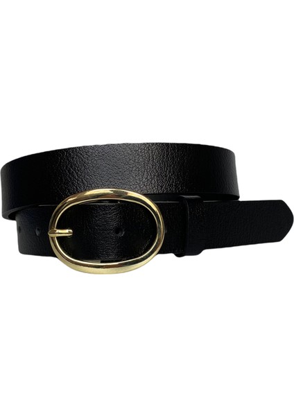 Deri Gold Oval Tokalı Siyah Ince Kadın Kemeri 3 cm