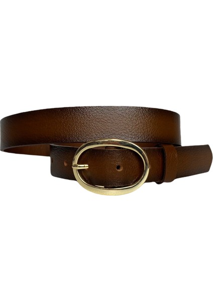 Deri Gold Oval Tokalı Kahverengi Ince Kadın Kemeri 3 cm