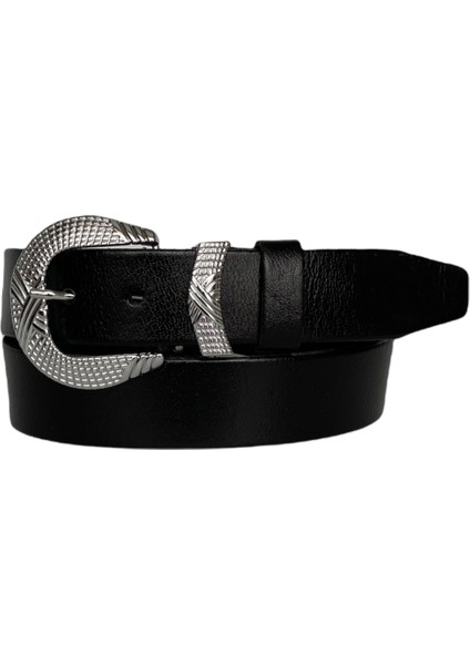 Deri Gümüş Tokalı Metal Köprülü Siyah Kadın Kot Kemeri 4 cm