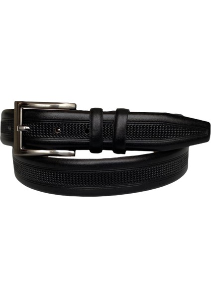 Kaliteli Deri Orta Baskılı Siyah Klasik Kumaş Pantolon Kemeri 3.5 cm