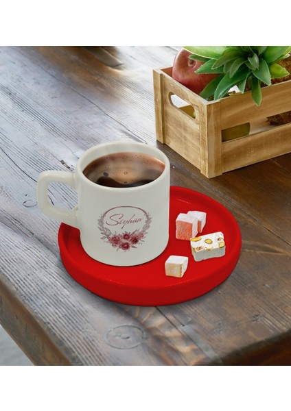 Kişiye Özel Kırmızı Sunum Tabaklı Çiçek Tasarımlı Türk Kahvesi Fincanı Model 1 fırsatları