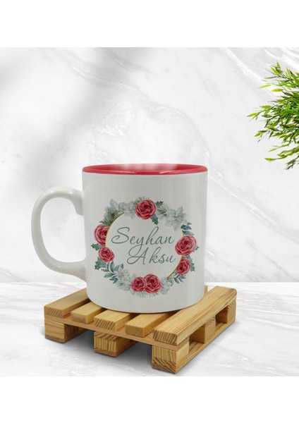 Kişiye Özel Çiçek Tasarımlı Içi Kırmızı Renkli Kupa Bardak Model 8