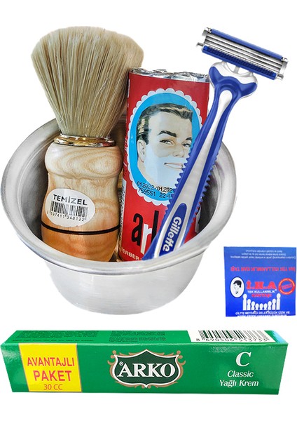 Tıraş Seti - Arko Tıraş Sabunu, Metal Tıraş Kasesi, Tıraş Fırçası, Gilette Blue3, 30 Cc Krem, İha Kan Taşı fiyatları