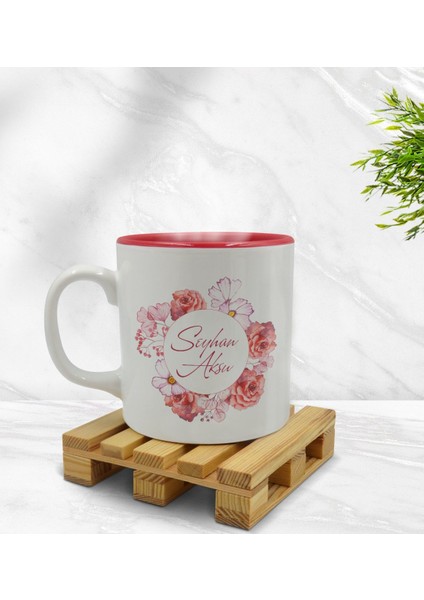 Kişiye Özel Çiçek Tasarımlı Içi Kırmızı Renkli Kupa Bardak Model 2