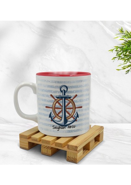 Kişiye Özel Çapa ve Dümen Tasarımlı Içi Kırmızı Renkli Kupa Bardak Model 1