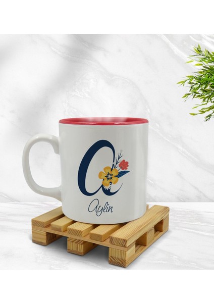 Kişiye Özel Harf ve Isim Tasarımlı Içi Kırmızı Renkli Kupa Bardak Model 2