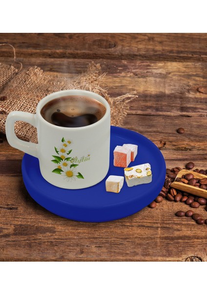 Kişiye Özel Mavi Sunum Tabaklı Papatya Temalı Türk Kahvesi Fincanı Model 8