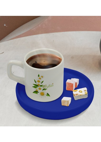 Kişiye Özel Mavi Sunum Tabaklı Papatya Temalı Türk Kahvesi Fincanı Model 8 modelleri