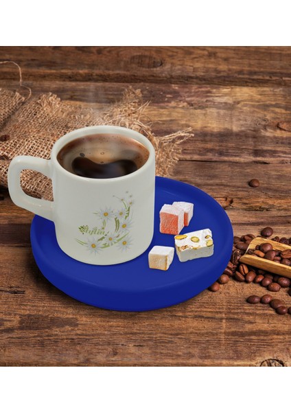 Kişiye Özel Mavi Sunum Tabaklı Papatya Temalı Türk Kahvesi Fincanı Model 1