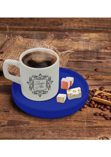Kişiye Özel Mavi Sunum Tabaklı Isimli Türk Kahvesi Fincanı Model 1