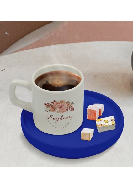 Kişiye Özel Mavi Sunum Tabaklı Çiçek Tasarımlı Türk Kahvesi Fincanı Model 26 modelleri