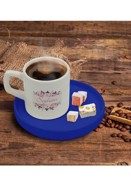 Kişiye Özel Mavi Sunum Tabaklı Çiçek Tasarımlı Türk Kahvesi Fincanı Model 22