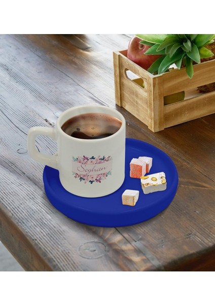 Kişiye Özel Mavi Sunum Tabaklı Çiçek Tasarımlı Türk Kahvesi Fincanı Model 22 fırsatları