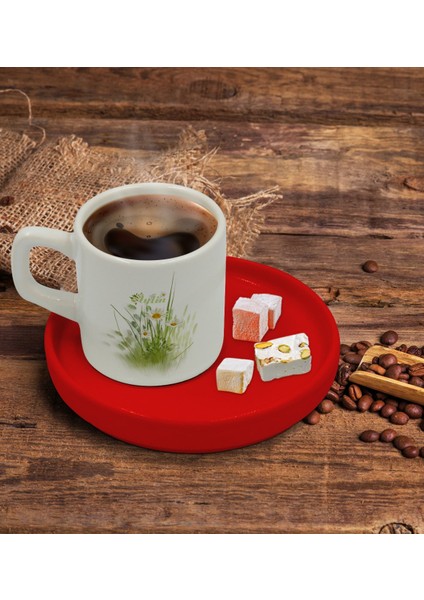 Kişiye Özel Kırmızı Sunum Tabaklı Papatya Temalı Türk Kahvesi Fincanı Model 13