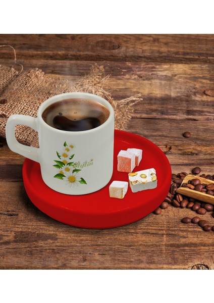 Kişiye Özel Kırmızı Sunum Tabaklı Papatya Temalı Türk Kahvesi Fincanı Model 8