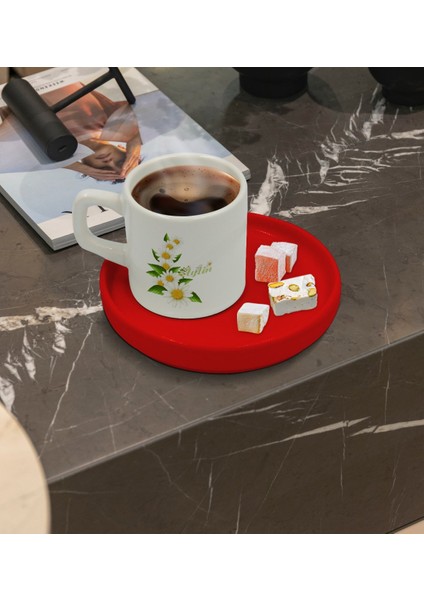 Kişiye Özel Kırmızı Sunum Tabaklı Papatya Temalı Türk Kahvesi Fincanı Model 8 fiyatları