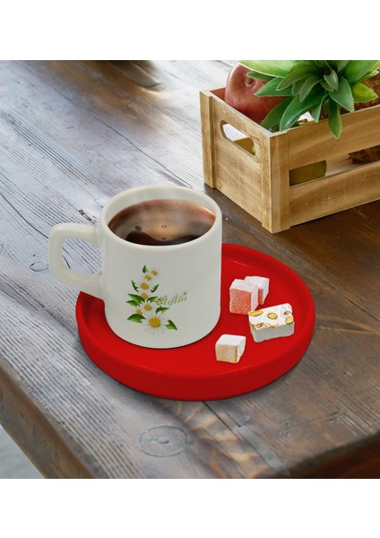 Kişiye Özel Kırmızı Sunum Tabaklı Papatya Temalı Türk Kahvesi Fincanı Model 8 fırsatları