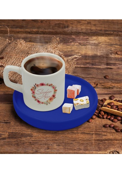 Kişiye Özel Mavi Sunum Tabaklı Çiçek Tasarımlı Türk Kahvesi Fincanı Model 12