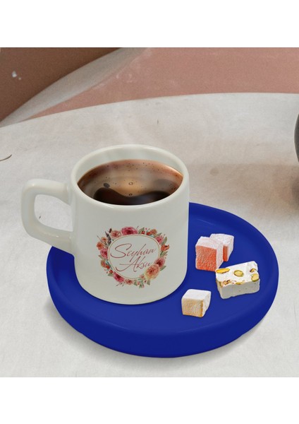 Kişiye Özel Mavi Sunum Tabaklı Çiçek Tasarımlı Türk Kahvesi Fincanı Model 12 modelleri