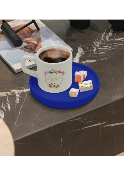 Kişiye Özel Mavi Sunum Tabaklı Çiçek Tasarımlı Türk Kahvesi Fincanı Model 9 fiyatları