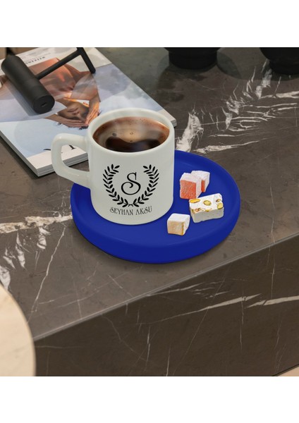 Kişiye Özel Mavi Sunum Tabaklı Çelenk Baş Harfli Isimli Türk Kahvesi Fincanı Model 5 fiyatları