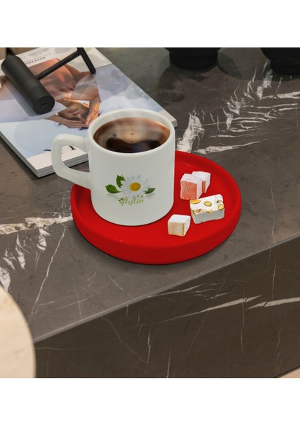 Kişiye Özel Kırmızı Sunum Tabaklı Papatya Temalı Türk Kahvesi Fincanı Model 4 fiyatları