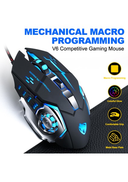 T -Wolf V6 USB Kablolu Fare 6 Düğmeleri Aydınlık Mekanik Bilgisayar Fare - Teknoloji Siyah fiyatları