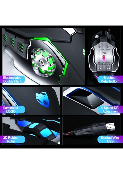 T -Wolf V6 USB Kablolu Fare 6 Düğmeleri Aydınlık Mekanik Bilgisayar Fare - Teknoloji Siyah modelleri