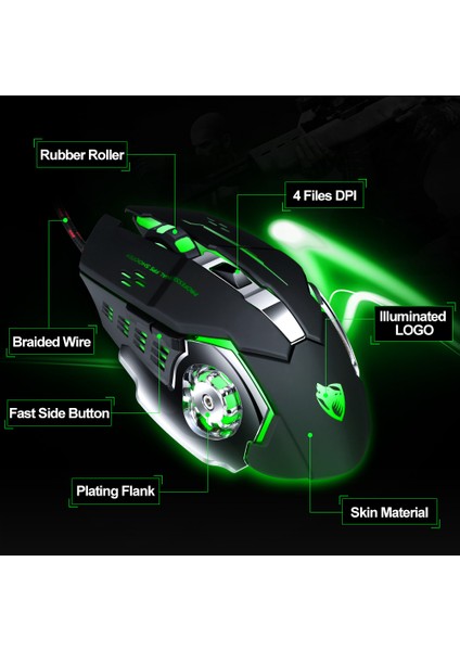 T -Wolf V6 USB Kablolu Fare 6 Düğmeleri Aydınlık Mekanik Bilgisayar Fare - Teknoloji Siyah fırsatları
